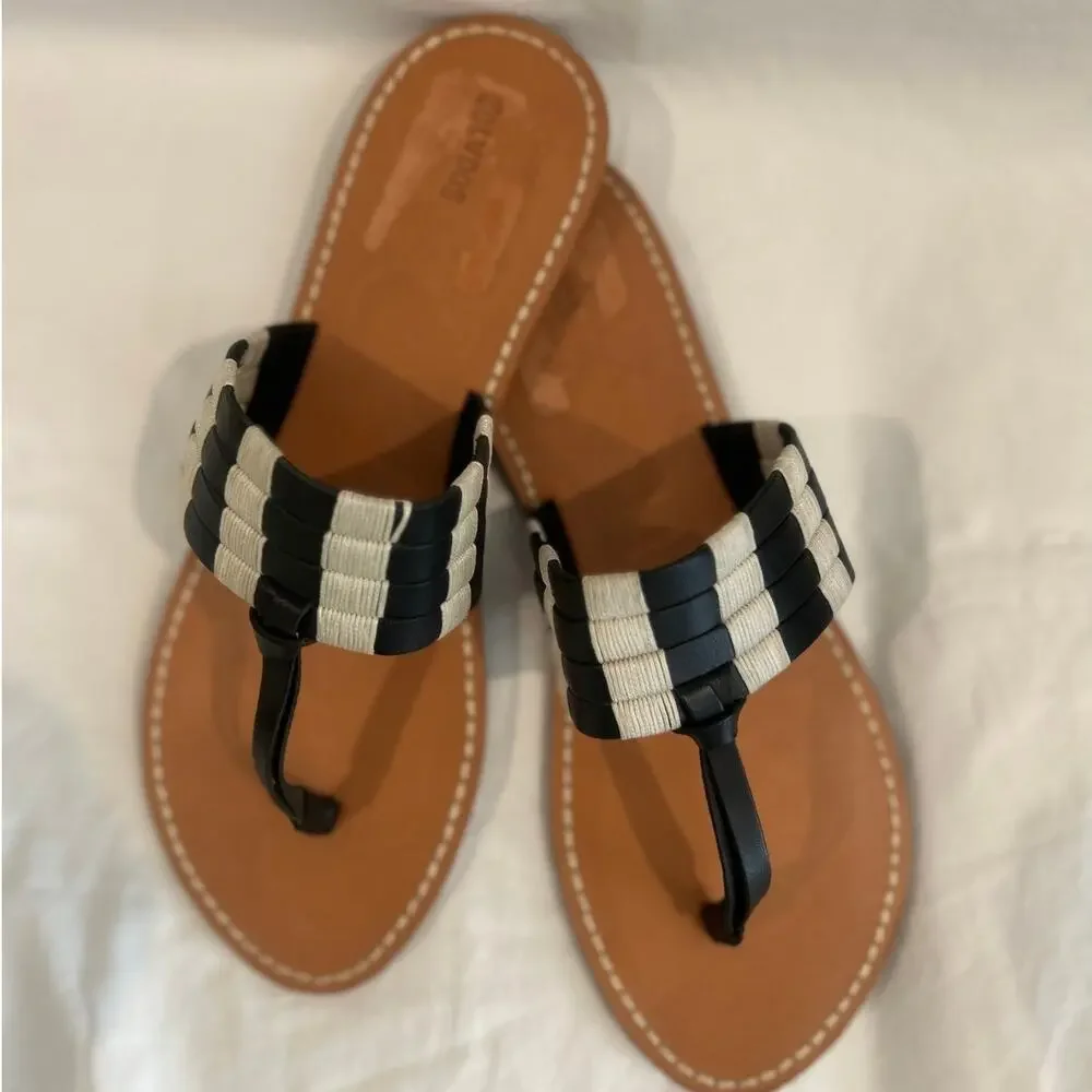 SOLUDOS Women's Multi Cotton Band Black White Thong Sandal Flat Coastal 11